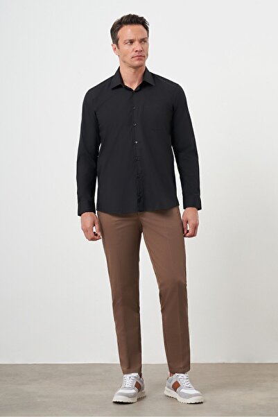 Morven Ανδρικό πουκάμισο με κανονική εφαρμογή σε μαύρο βασικό μονόχρωμο σχέδιο με σκληρό γιακά