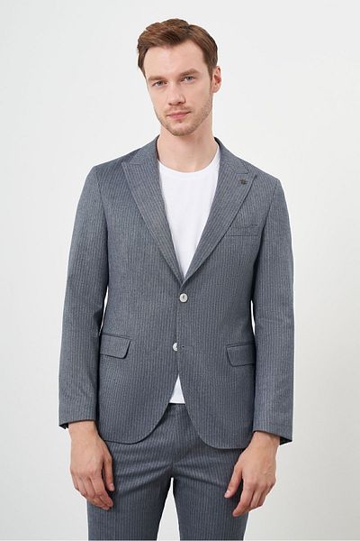 Morven Navy Blue Slim Fit Striped Men's Sports Suit - Mono Collar and Bag Pocket