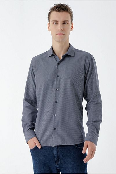 Morven Men's Navy Blue Trend Printed Patterned Italian Collar Slim Fit Shirt