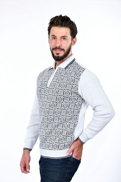 Kamalı Men's Steel Knitted Square Pattern Shirt Collar Zippered Polo Collar Pilling-Free Knitwear Winter Dad Sweater