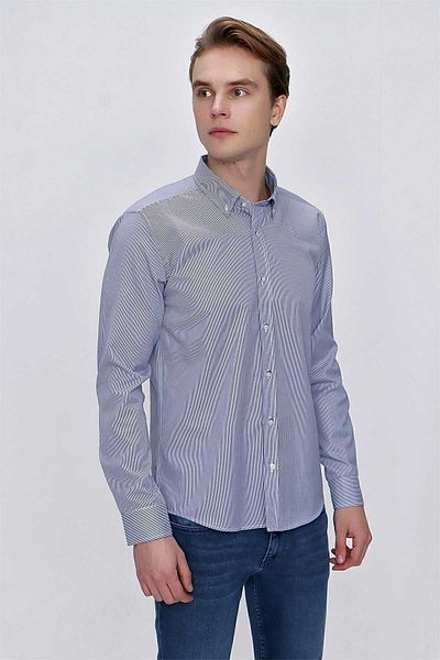 Morven Men's Navy Blue Striped Slim Fit Slim Fit Shirt