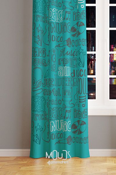 Moud's Blue Music Patterned Suede Background Curtain - Youth Room Extrafor Drawstring Single Wing