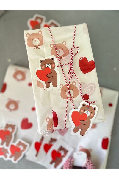 Meyofficial Heart and Teddy Bear Themed Gift Packing Kit (pelur card stickers and binding rope)