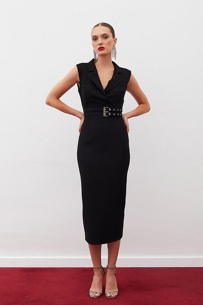 Sateen Rochie midi cu curea cu guler jachetă