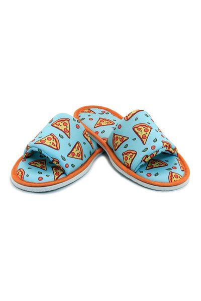 Chochili Papuci de casă unisex albastru cu model pizza, cu talpă moale, deschisă în față