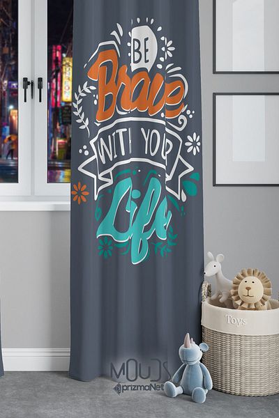 Moud's Brave Life Patterned Background Curtain - Youth Room Suede Extra Comfort, Single Wing