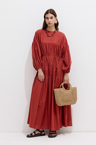 Manuka Orange Oversize Voile Dress - Gathered