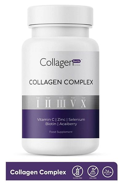Collagen Forte Platinum 5 أنواع من مجمع الكولاجين النوع 1،2،3,5 والنوع 10 البيوتين، الزنك، السيلينيوم، فيتامين C والأساي، 90 قرصًا