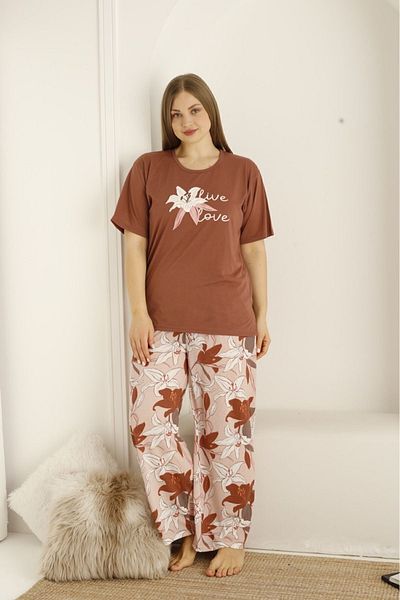 makkash Women's Brown Floral Printed Bottom Long Plus Size Pajama Set