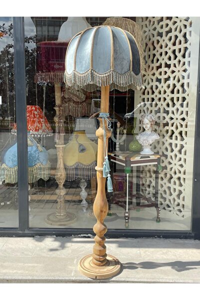 artsondekorasyon 1. Sınıf Kadife Eşsiz Tasarımlı Lambader, Ahşap Ayaklı, Aydınlatma Aksamı Dahil. (178CM YÜKSEKLİK)