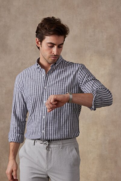 RAVANELLI Modern Slim Fit Striped Cotton Men's Shirt - Long Sleeve Collar, Buttoned