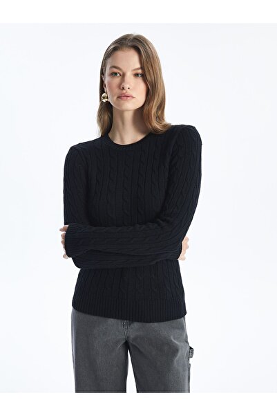 Dexia Saç Örgü Detaylı Bisiklet Yaka Yumuşak Dokulu Slim Fit İnce Triko - Siy...