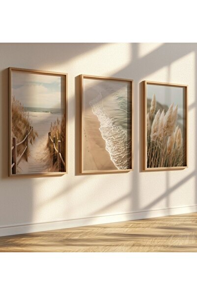 Home 3'lü Set Sahil Manzarası Posteri , Duvar Dekoru, Oturma Odası Tablosu, Ç...