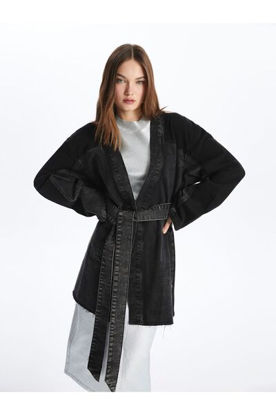 Dexia Osaka - Denim-Penye Kumaş Karışımlı Rahat Kalıp Kimono - Siyah Renk