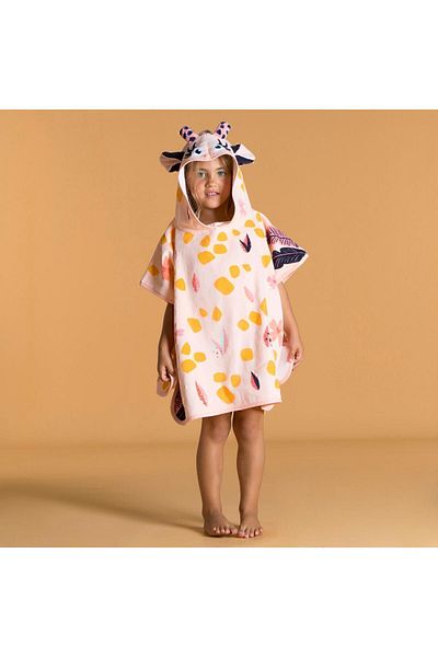 Decathlon NABAIJI White Pink Giraffe Patterned Cotton Baby Poncho