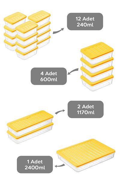 Meleni Home 19 Pieces Microwave Compatible Organizer Storage Container - 1X2400Ml 2X1170Ml 4X600Ml 12X240Ml Yellow
