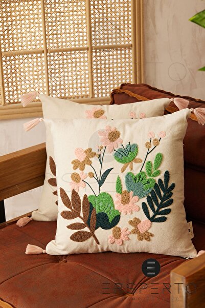 Ersperto وسادة رمي مزخرفة بالزهور من الكتان - غطاء وسادة قطعة واحدة مقاس 43 ×...