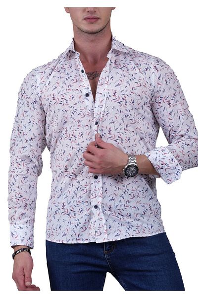 Exve Exclusive Red Navy Blue Leaf Printed Cotton Slim Fit Men's Shirt on White