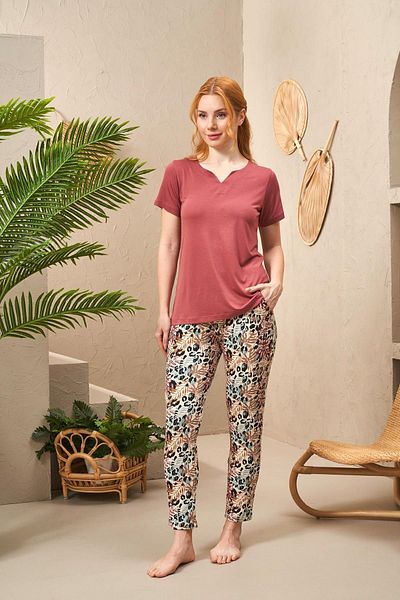PJS 25176 Women's V-neck Patterned Short Sleeve Pajamas Set