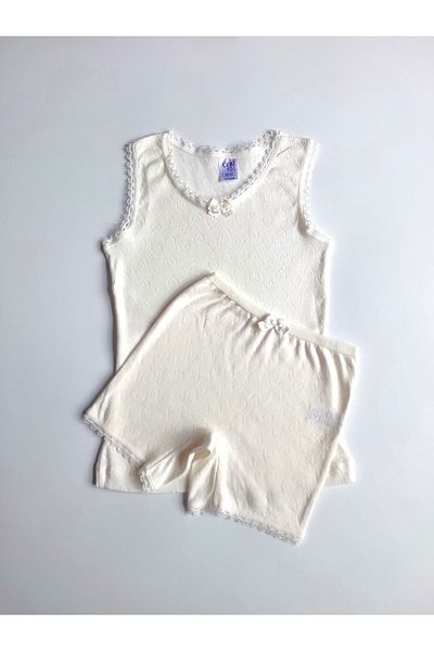 ÇebiKids Girl's 100% Cotton Ecru Retro Tank Top Panties Set