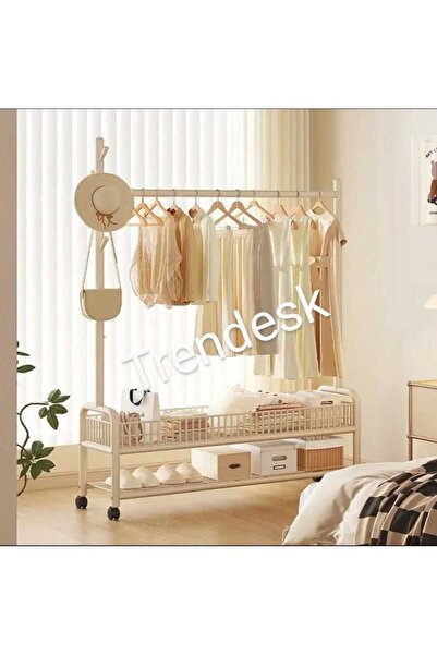 TRENDESK Metal Krem 2 Raflı Raflı Konfeksiyon Askılığı Ayaklı Elbise Askılığı 176cm 3407