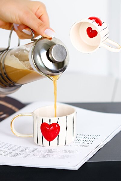 SİNEM YAMAN HOME KALP DİKEY İÇİ KALPLİ MUG /  EL YAPIMI SERAMİK MUG DOUBLE Fİ...