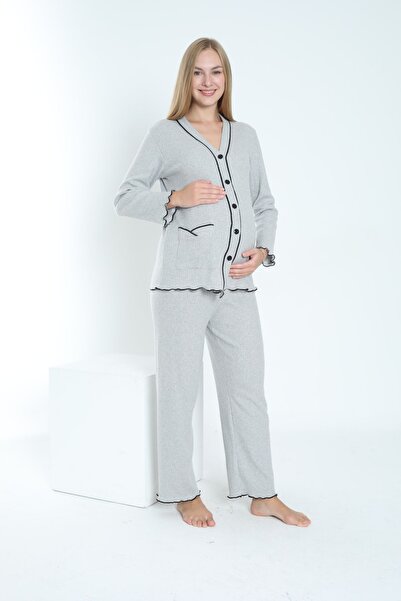 Miss Dünya Lissa Adjustable Waist and Leg Frill Detailed Pajamas Set for Pregnant and Maternity - Front Buttoned