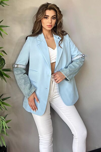 GÜLSELİ Жіночий піджак синій джинсовий піджак з рукавом з ременем і кишенею
