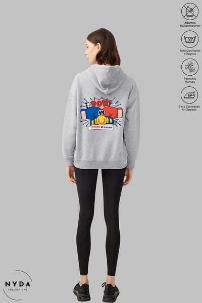 Nyda Collections Унисекс сив памучен кардиган Oversize - 3 прежди, с цип и джобове, щампа на зимен боксов прах