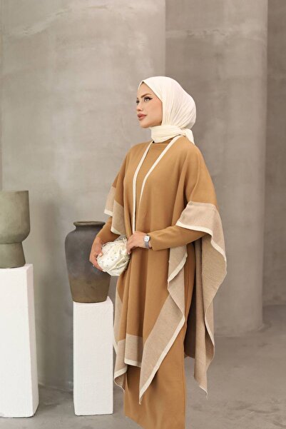 Neşeli Butik kadın triko pelerin detaylı tesettür elbise NMS018