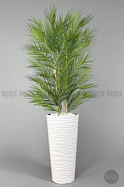 BİÇİÇEK Yapay Areka Ağacı Palmiye Ağacı 33 Yapraklı Bambu Gövdeli Beyaz Kumsal Saksı Salon Çiçeği 150cm