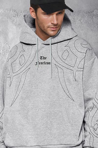 Millionaire Ανδρικό γκρι The Fearless 3 Thread Oversize Hooded Loose Hoodie φούτερ - Kangaroo Pocket