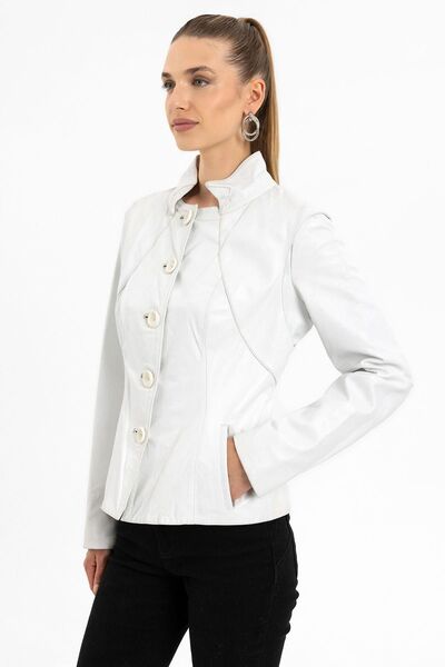 Deriderim Luila Perforeli Astarlı Beyaz Hakiki Deri Mont