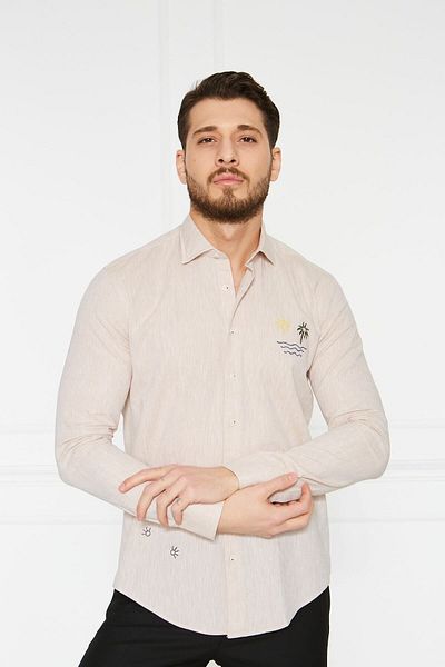 Paşahan Λινό Κεντημένο Slim Fit Πουκάμισο