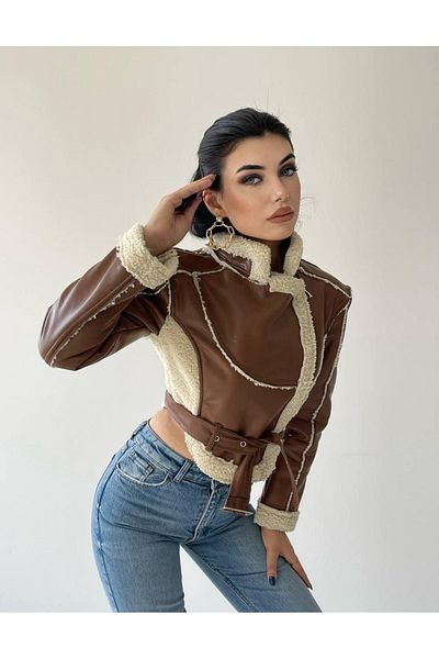 GİZONLY Women's Leather Coat - with Side Pockets and Fur