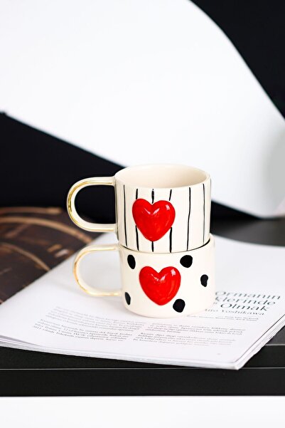 SİNEM YAMAN HOME PUANTİYE VE ÇİZGİ İÇİ KALPLİ 2Lİ MUG TAKIM / EL YAPIMI SERAM...