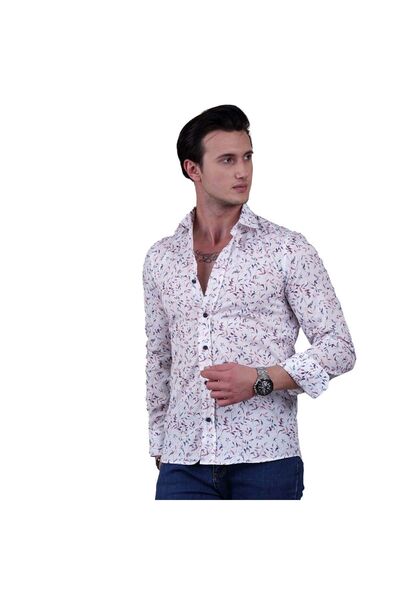 Exve Exclusive Cămașă pentru bărbați, roșu, bleumarin, cu frunze imprimate din bumbac, slim fit, pe alb