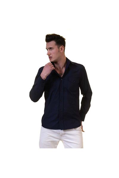 Exve Exclusive Μπλε Navy Len Απλό μονόχρωμο πουκάμισο με διπλή τσέπη με λεπτή εφαρμογή Western