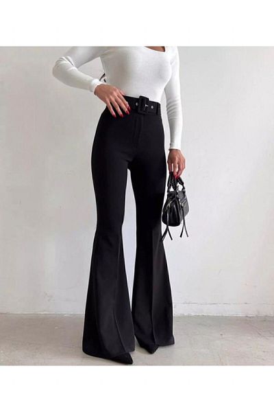 BERNEO Women's Belted Spanish Leg Black Trousers