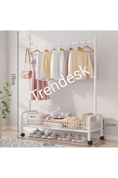 TRENDESK Metal Krem 2 Raflı Raflı Konfeksiyon Askılığı Ayaklı Elbise Askılığı 176cm 3407