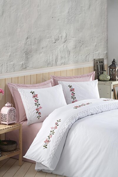 ÖDEL HOME White - Pink Lace Flower Embroidered Double Duvet Cover Set