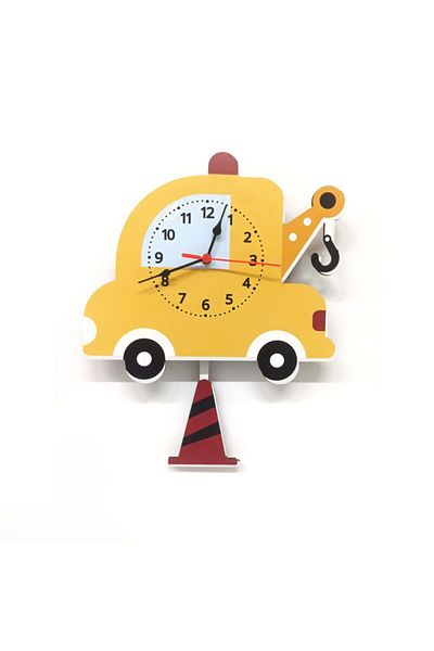 CajuArt Wooden Car Kids Room Wall Clock with Swinging Pendulum