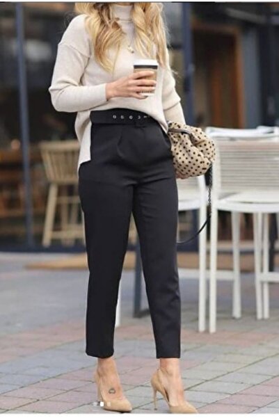 Butik Eylül Παντελόνι μάρκας υψηλού μεγέθους με ζώνη καρότο μοντέλο ύφασμα μαύρο χρώμα