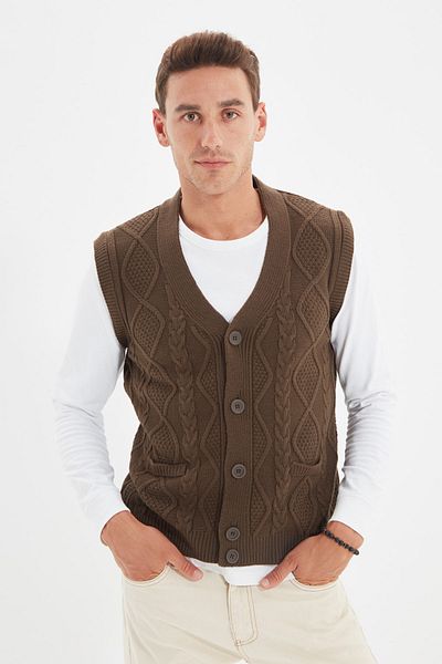 Trendyol Collection Πλεκτό γιλέκο Mink Slim Fit με κοτσίδα μαλλιών - V λαιμόκοψη TMNAW21HI0488