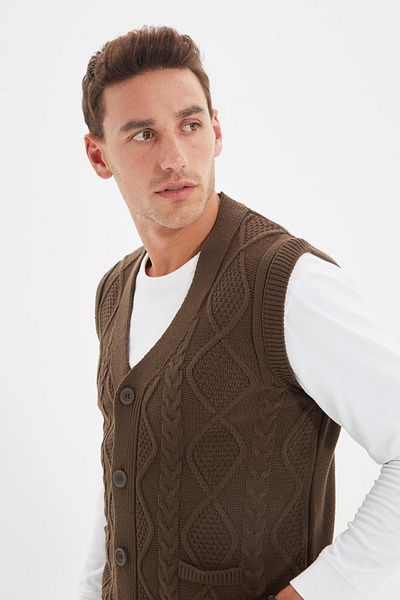Trendyol Collection Πλεκτό γιλέκο Mink Slim Fit με κοτσίδα μαλλιών - V λαιμόκοψη TMNAW21HI0488