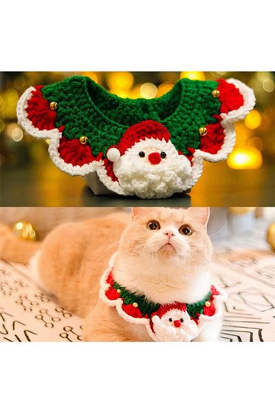 BurDen Dekoratif Ürünler & Tasarım Santa Claus Cat Necklace Collar Accessory Phenomenon Cat Handmade Knitted