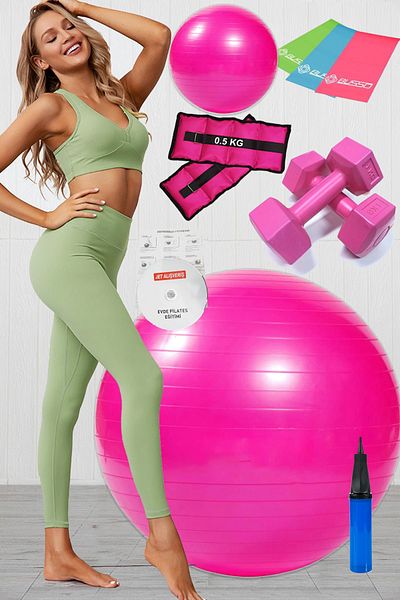 Jet 10 Pilates Ball Set Set, 3 Pilates Band Elastics, 1 Kg Dumbbell, Wrist Weight Set Pink