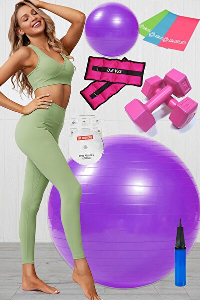Jet 10 Lu Pilates Topu Seti Takımı 3 Lü Pilates Bandı Lastiği 1 Kg Dambıl, Bilek Ağırlığı Set Mor