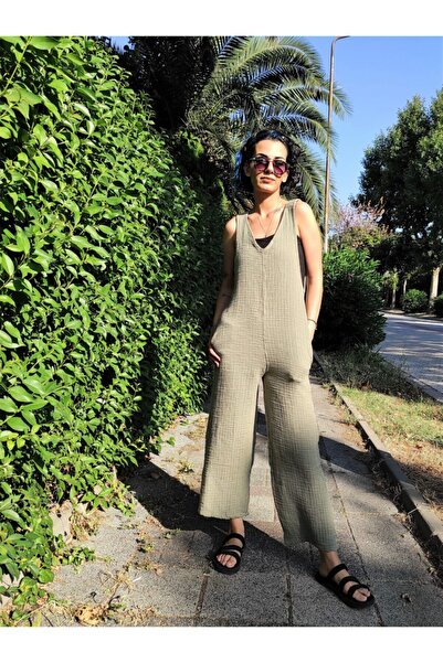 Crep Çift Kat Doğal Müslin Kumaştan V Yaka Uzun Bahçıvan Tulum