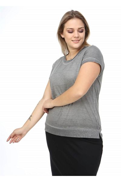 Seamoda Short Sleeve Blouse with Glitter Strips on the Collar and Hem-anthracite
